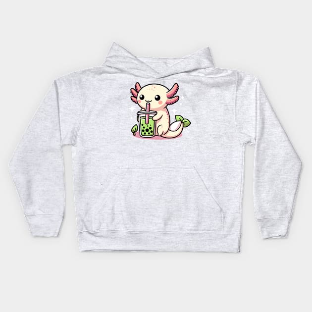 Cute Axolotl drink green boba Kids Hoodie by fikriamrullah